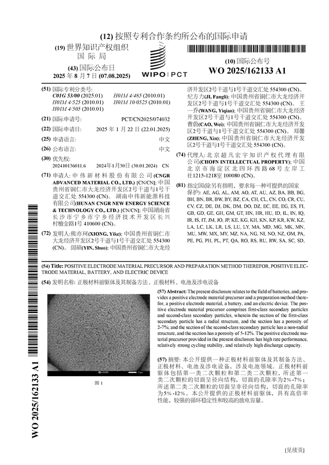 中伟股份公布国际专利申请：“正极材料前驱体及其制备方法、正极材料、电池及涉电设备”(图1)